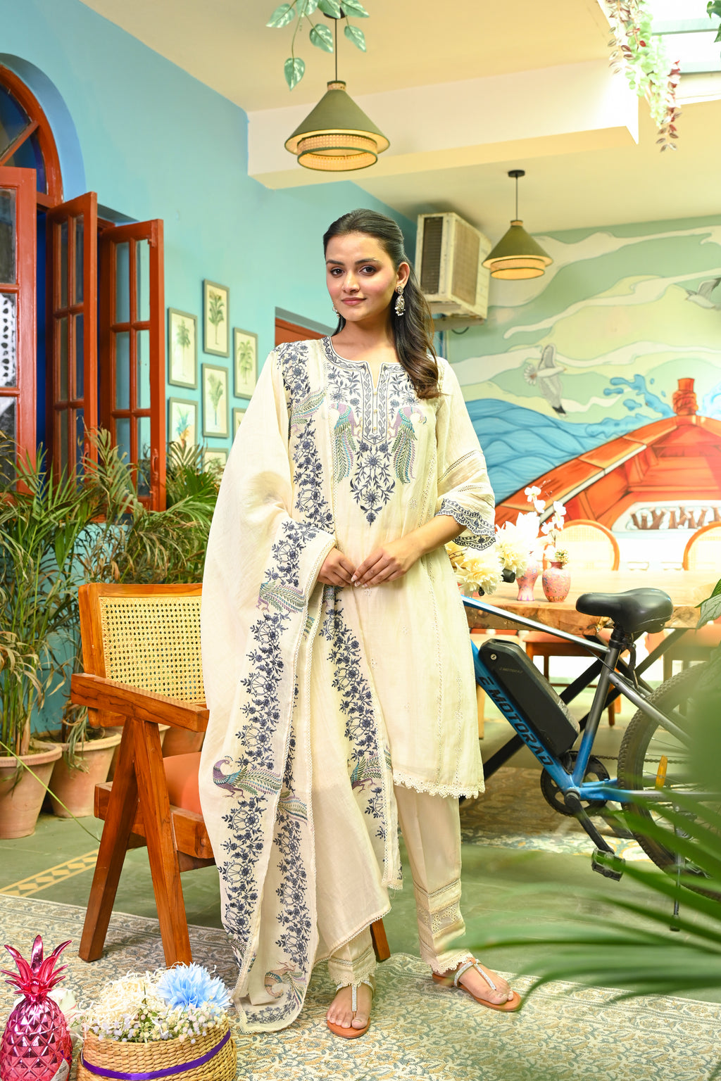 Ivory Peacock Mul Cotton Set/ Neel Pankh