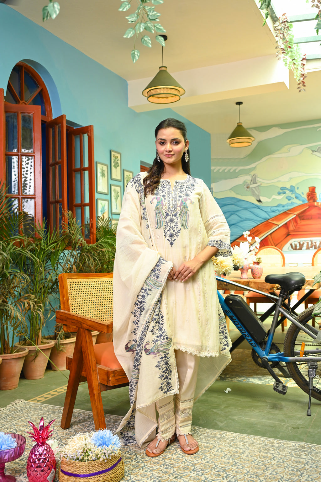 Ivory Peacock Mul Cotton Set/ Neel Pankh