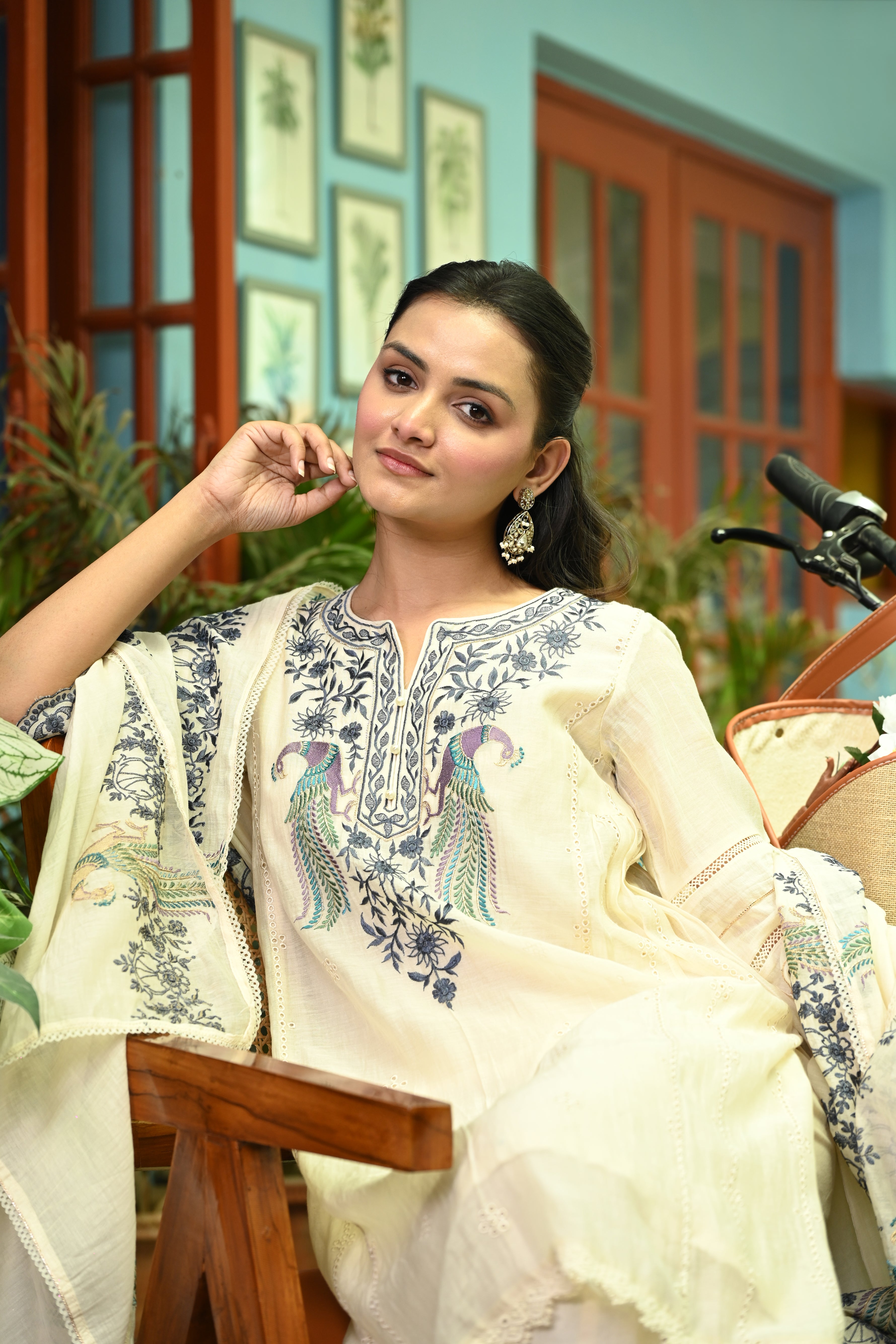 Ivory Peacock Mul Cotton Set/ Neel Pankh