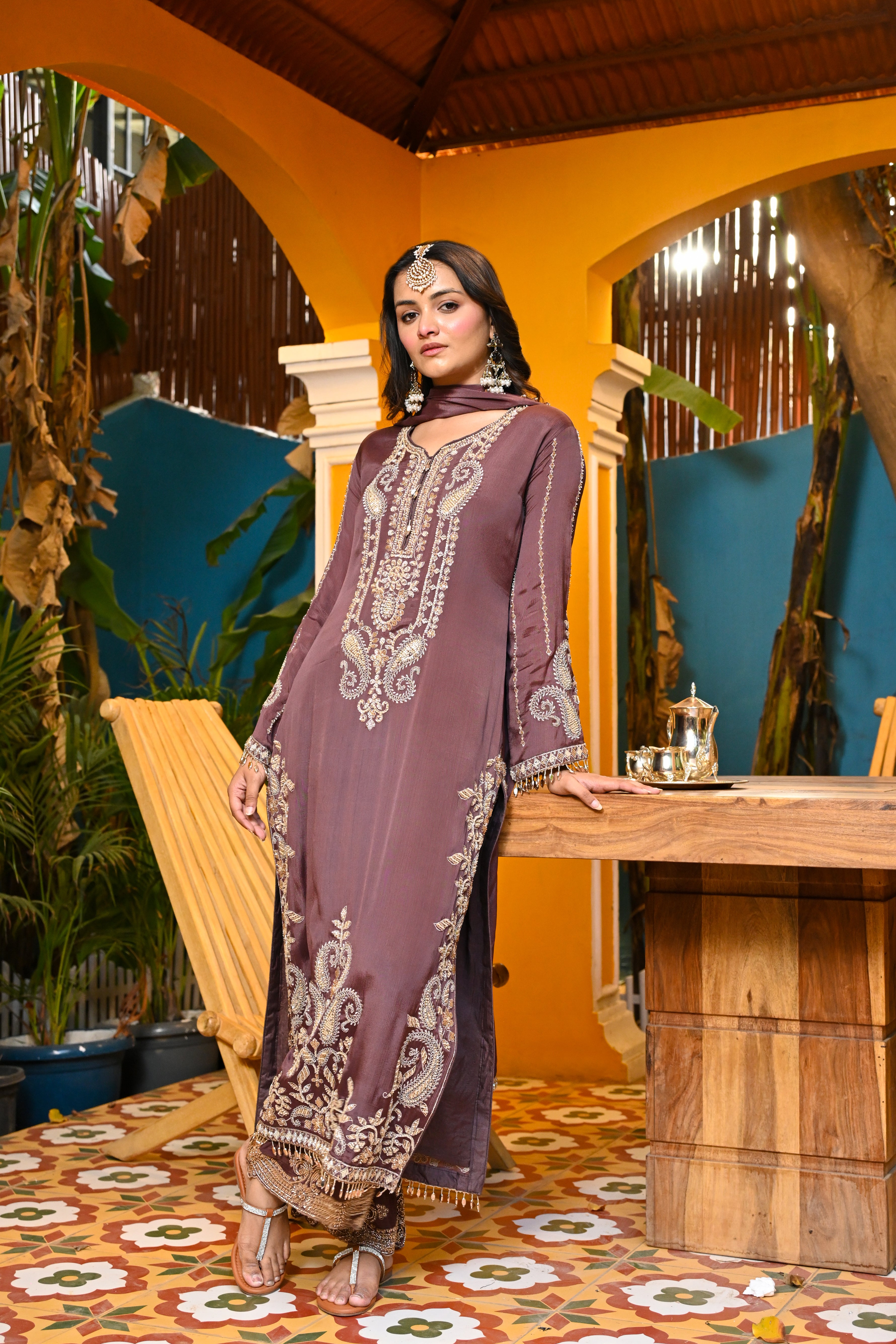 Mauve-Afsana Chinon Suit/ Mauve-Afsana