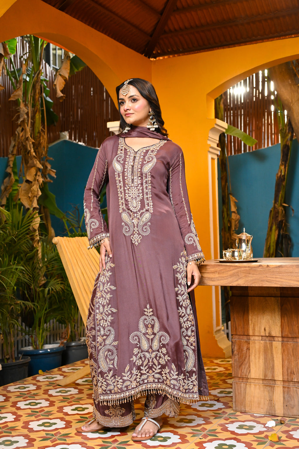 Mauve-Afsana Chinon Suit/ Mauve-Afsana
