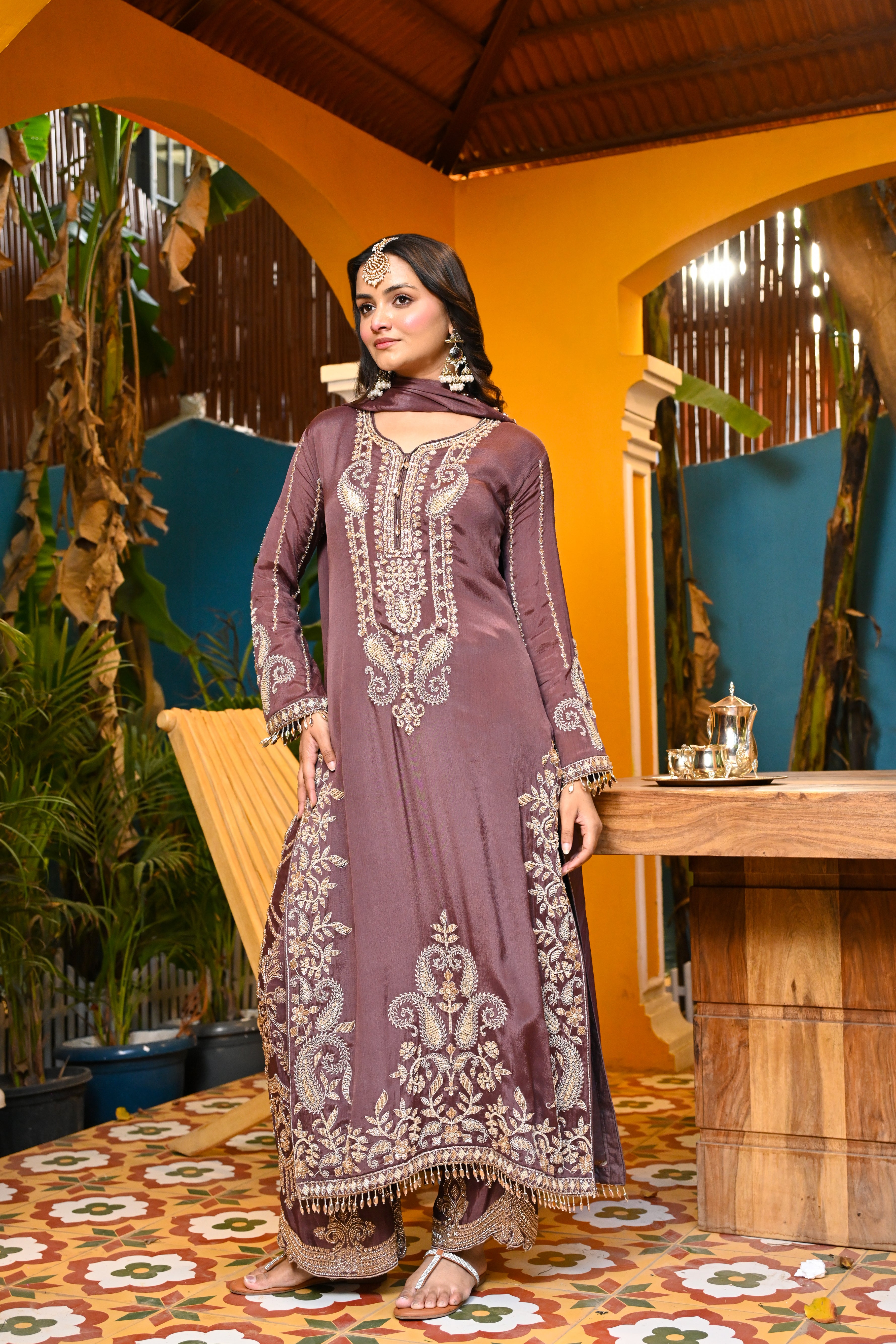 Mauve-Afsana Chinon Suit/ Mauve-Afsana